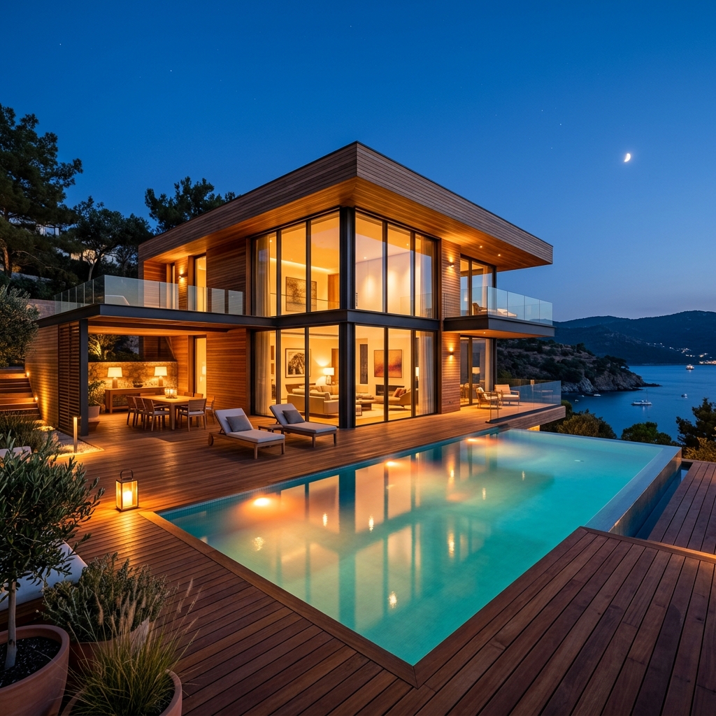 Modern mountain cabin with pool